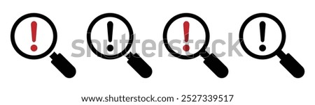 Magnifying glass and exclamation mark icons. Caution and alert vector icons set