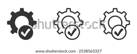 Checkmark with a gear vector icon. Checkmark with cogwheel vector icon. Gear and checkmark vector symbols set. Checkmark with gear icon