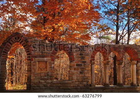 A view of the Mackenzie King Estate ruins in the fall