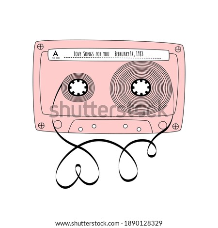Retro compact tape cassette. Vintage red audio cassette tape in doodle style isolated on a white. Vector black and white illustration for web banners, advertisements, stickers, labels, t-shirt