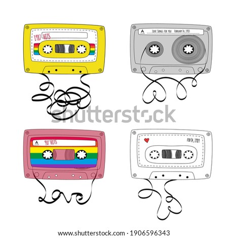 Set of Retro tape cassettes. Vintage mixtape. 1980s and 90s pop songs tapes and stereo music cassettes. Vector illustration