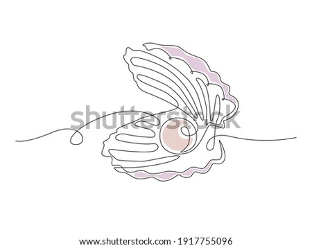 Open pearl shell. Continuous one line drawing of an oyster mollusk. Modern minimalist badge icon or logo with abstract color shapes. Vector illustration