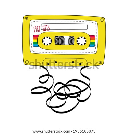 Yellow Compact tape cassette. Retro audio cassette tape in doodle style isolated on a white background. Vector black and white illustration for web banners, advertisements, stickers, labels, t-shirt