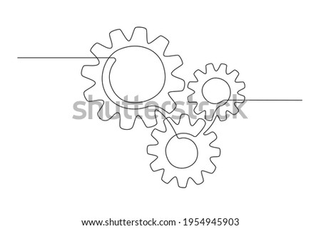 One continuous line illustration of gears wheels. Three cogwheels in lineart style. Editable stroke. Symbol of teamwork, development, logo, emblem. Creative concept of business teamwork. Vector