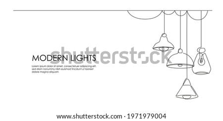 Set of loft lamps and iron lampshades in one line drawing. Horizontal banner in minimalistic Industrial style. Vector illustration of Hanging vintage chandelier and pendant lamps with Edison bulbs