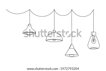 Loft lamp with lampshades, one line drawing collection. Horizontal Vector illustration of Hanging modern pendant lamps with Edison bulbs