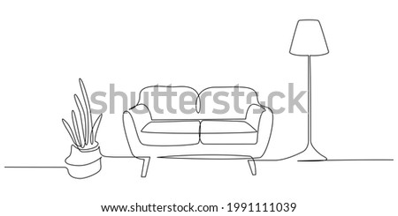 Continuous one line drawing of Sofa with lamp lampshade and home plant. Modern and furniture in simple Linear style. Doodle vector illustration
