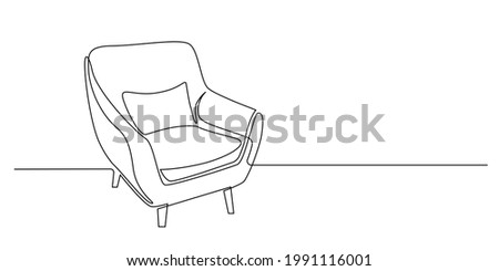 Continuous one line drawing of armchair with pillow. Modern furniture in simple Linear style. Doodle vector illustration