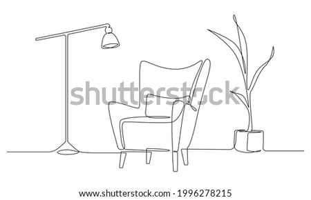 One continuous Line drawing of armchair and lamp and potted plant. Stylish furniture for living room interior in simple linear style. Editable stroke Vector illustration