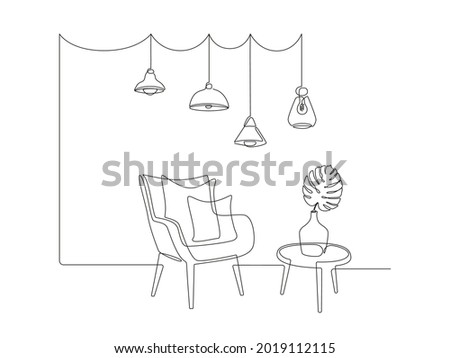 Continuous one line drawing of armchair and table with vase with monstera leaf and Hanging pendant Loft lamps. Scandinavian stylish furniture in simple Linear style. Doodle vector illustration
