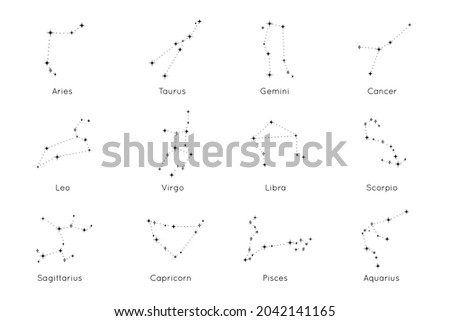 Collection of Zodiac constellations signs. Astrological Horoscope Icons of Aries, Taurus, Leo, Gemini, Virgo, Scorpio, Libra, Aquarius, Sagittarius, Pisces, Capricorn, Cancer. Vector Illustration