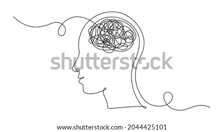 Continuous one line drawing of man head with messy thoughts worried about bad mental health. Problems, stress, headache and grief concept in doodle style. Linear Vector illustration