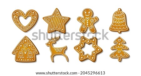 Gingerbread cookies. Winter homemade sweets in shape of house and gingerbread man, tree and reindeer, star and snowflake, jingle bell and heart. Cartoon Vector illustration
