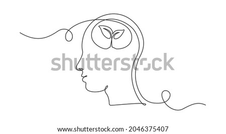 One continuous line drawing of human head with plant inside. Mental health and psychology vector concept. Creative ideas, grow up, positive thinking and self care. Growth mindset skills illustration