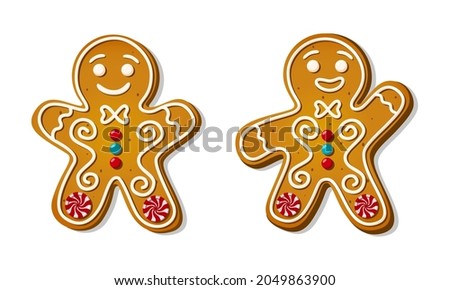 Christmas gingerbread man in different pose in cartoon style. Cute baked cookie character isolated on white background. Two homemade sweets and biscuits. Vector illustration