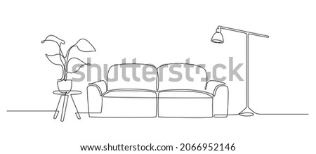 Continuous one line drawing of sofa and lamp and table with plant. Living room interior in loft apartment. Modern furniture in simple Linear style. Doodle vector illustration