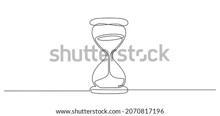 One continuous line drawing of hourglass with flow sand. Retro timer as time passing concept for countdown and business deadline in simple linear style isolated on white. Doodle vector illustration