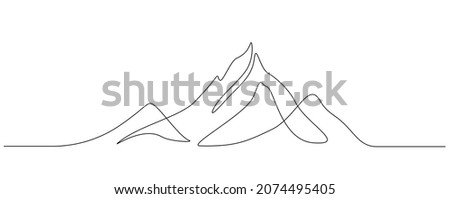 One continuous line drawing of mountain range landscape. Top view of mounts in simple linear style. Adventure winter sports concept isolated on white background. Doodle vector illustration