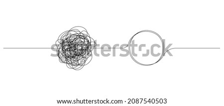 Chaotically tangled line and untied knot in form of circle. The concept of solving problems is easy. Doodle vector illustration