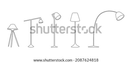 Modern floor lamps for home interior decorations of trendy loft style outline contour lines. Collection of lampshades and lightbulb simple linear silhouette. Doodle vector illustration