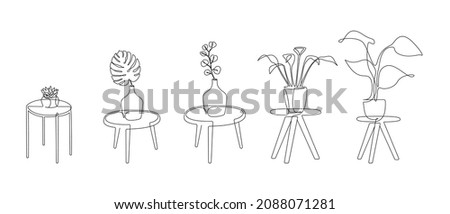 Set of continuous line drawing of house plant and flowers in pots. Linear silhouette houseplant for home interior decorations of trendy scandinavian style contour lines. Doodle Vector illustration