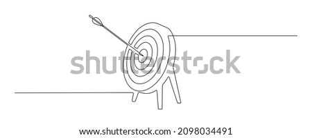 Continuous one line drawing of arrow in center of target. Strategic marketing or business concept with board and shot bullseye in simple Linear style. Doodle vector illustration