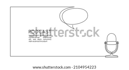 Continuous one line drawing of podcast microphone and chat bubble. Vintage old mike in simple thin linear style for banner music, webinar, online training. Editable stroke. Doodle Vector illustration