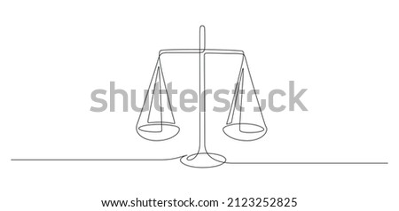 One continuous line drawing of law balance and scale of justice. Symbol of equality and equilibrium concept and logo firm in simple linear style. Libra thin icon. Doodle vector illustration