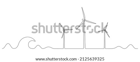 Wind farm turbines and windmill at the Sea in One continuous line drawing. Green energy and renewable source of power concept in simple linear style. Doodle vector illustration.