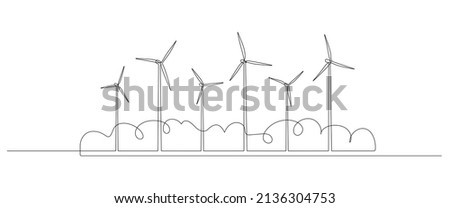 Wind turbines and windmills with bushes at village in one continuous line drawing. Green energy and renewable source of power concept in simple linear style. Web banner. Doodle Vector illustration