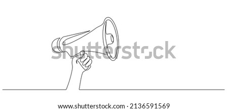 One continuous line drawing of public horn speaker. Megaphone symbol of marketing promotion in simple linear style. Business concept for attention, hiring and job offer. Doodle vector illustration