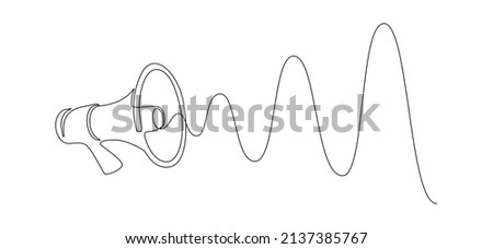 Public horn speaker in One continuous line drawing. Megaphone announce symbol of marketing promotion in simple linear style. Business concept for attention and job offer. Doodle vector illustration