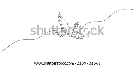 One continuous line drawing of dove with olive branch. Bird symbol of peace and freedom in simple linear style. Concept for national labor movement icon. Editable stroke. Doodle vector illustration