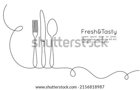 One continuous line drawing of food tools. Spoon fork and knife for decoration restoran menu ot banner in simple linear style. Hand drawn sign cafe. Editable stroke. Doodle vector illustration