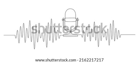 Continuous one line drawing of podcast microphone and sound wave with different amplitude. Vintage mike in simple linear style for banner music, webinar, online training. Doodle vector illustration