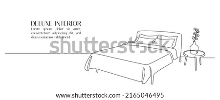 Continuous one line drawing of double bed and table with potted plant. Scandinavian stylish furniture for cozy sleeping bedroom in simple linear style. Editable stroke. Doodle vector illustration