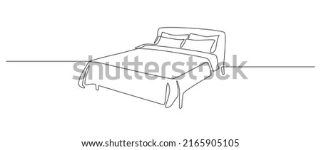 Continuous one line drawing of double bed. Scandinavian stylish furniture for cozy sleeping bedroom in simple linear style. Editable stroke. Doodle vector illustration