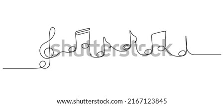 One continuous line drawing of treble clef and musical notes. Minimalist logo and symbol of sound and music concert in simple linear style. Editable stroke. Doodle vector illustration