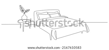 Continuous one line drawing of double bed and table with vase and plant. Scandinavian stylish furniture for cozy bedroom in simple linear style. Editable stroke. Doodle vector illustration