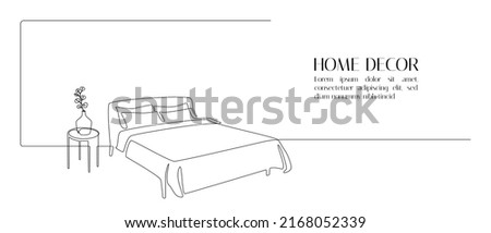 Continuous one line drawing of double bed and table with vase and plant. Scandinavian stylish furniture for cozy loft bedroom in simple linear style. Editable stroke. Doodle vector illustration