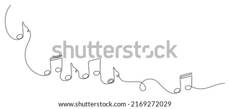 One continuous line drawing of musical notes. Horisontal web banner and minimalist logo of sound and music school in simple linear style. Editable stroke. Doodle vector illustration