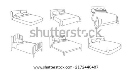 Set of double beds thin icons in line art style. Modern comfortable luxury furnitures for bedroom in simple linear style. Editable stroke. Doodle vector illustration