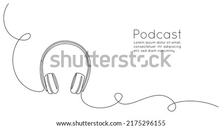 Continuous one line drawing of headphones speaker for podcast web banner. Music gadget and earphones devices in simple linear style. Editable stroke. Doodle vector illustration