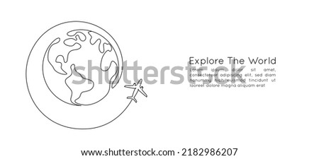 One continuous line drawing of Earth globe with airplane. Flight route path on world map in simple linear style. Travel and flight airline symbol concept. Editable stroke. Doodle vector illustration