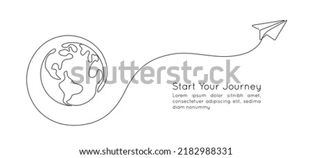One continuous line drawing of Earth globe with paper airplane. Flight route path on world map in simple linear style. Travel and flight airline. Editable stroke. Doodle vector illustration