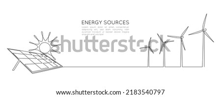 One continuous line drawing of wind turbine and Solar panel with sun. Green energy and renewable resources in simple linear style. Power station concept. Editable stroke. Doodle vector illustration