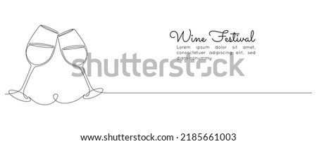 Continuous one line drawing of two glasses of red wine. Minimalist holiday concept of celebrate toast and cheering drink in simple linear style. Editable stroke. Doodle Vector illustration