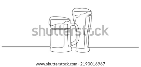 Continuous one line drawing of beer glass with foam. Craft drink alcohol ale in simple linear style for bar and pub concept for menu. Oktoberfest equipment. Doodle Vector illustration
