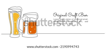 Continuous one line drawing of two beer glasses with foam. Craft drink alcohol ale in simple linear style for bar and pub concept for menu. Oktoberfest equipment. Doodle Vector illustration