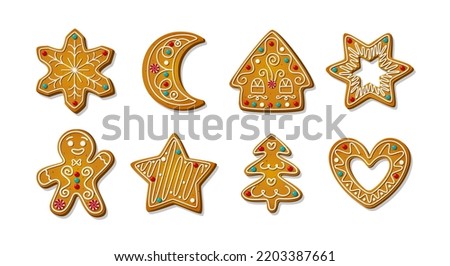 Gingerbread cookies. Winter homemade sweets in shape of house and gingerbread man and moon, star and snowflake, xmas tree and heart. Cartoon Vector illustration